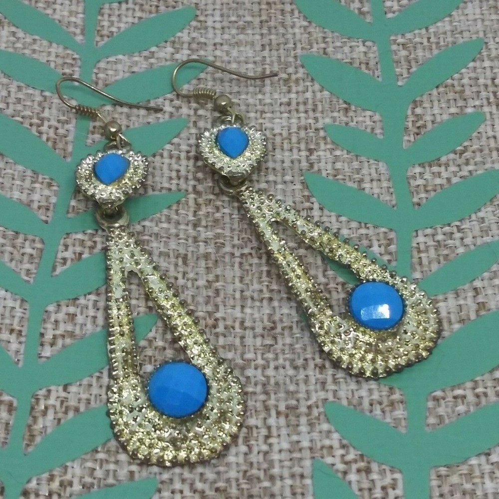 Turquoise Blue Boho Hammered Gold Dangle Earrings